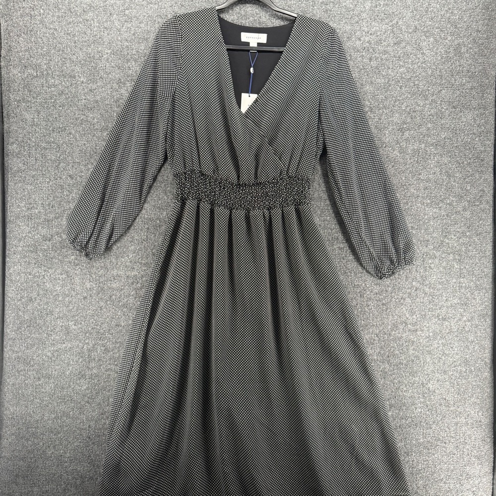 Popsugar Dress Womens M Black Polka Dots Faux Wrap V-Neck Midi Modest‎ Old Money